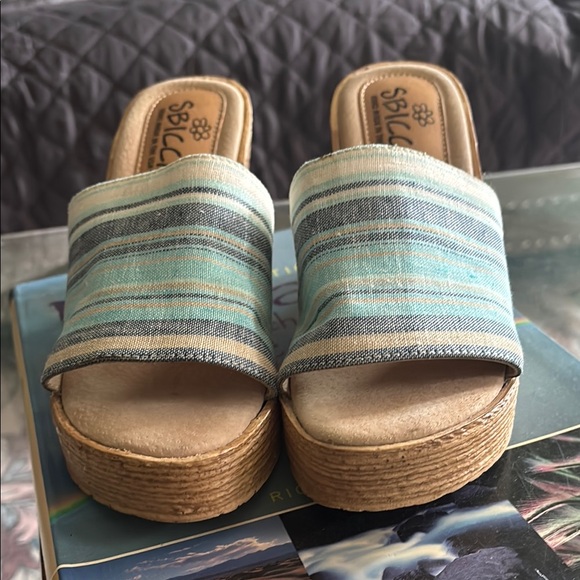 Blue and Tan Sz 8 Platform Shoes Casual Style mules wedge sandals - Picture 2 of 11